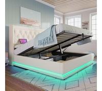 LINKHOO lit rembourré Double 180 * 200 cm, Rangement hydraulique en matériau PU Blanc, Tête de lit rembourrée avec Fonction de Charge USB Type-C, Fonction LED 3 côtés (sans Matelas)
