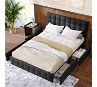 LINKHOO lit rembourré Double avec 4 tiroirs, avec sommier à Lattes, tête de lit réglable en Hauteur et Motif de Couture carré, sommier à Lattes en métal, matériau en Lin, 140 * 200 cm, Noir