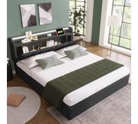 LINKHOO lit rembourré Double, avec Charge Fonction de Charge USB, Tête de lit de Rangement et éclairage LED,Cadre de lit, Sommier à Lattes en Bois (sans Matelas), 160x200cm, Gris
