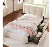LINKHOO lit rembourré Double, avec éclairage LED et 2 tiroirs,Tête de lit réglable en Hauteur, Rangement Cadre de lit, sommier à Lattes en Bois(sans Matelas),140x200cm, Beige