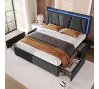 LINKHOO lit rembourré Double, avec éclairage LED et 2 tiroirs,Tête de lit réglable en Hauteur, Rangement Cadre de lit, sommier à Lattes en Bois(sans Matelas),140x200cm, Gris