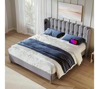 LINKHOO lit rembourré Double, avec Fonction de Charge USB Type C, Cadre de lit avec sommier à Lattes, pour Jeunes, matériau du Lin, 140 x 200 cm, Gris