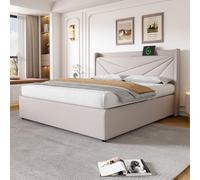 LINKHOO lit rembourré Double, avec Fonction de Charge USB Type C, Tête de lit, Cadre de lit en Lin, Convient aux Adolescents, avec sommier à Lattes (sans Matelas), 160x200 cm, Beige