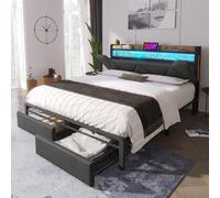 LINKHOO lit rembourré Double, avec Fonction de Charge USB Type-C, tête de lit de Rangement et éclairage LED et tiroirs, avec Cadre en métal ommier à Lattes(sans Matelas), 140 x 200 cm, Gris