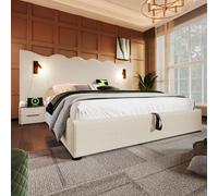 LINKHOO lit rembourré Double,avec Lampe de Lecture et Fonction de Charge USB Type-C, sommier à Lattes en Bois Massif et métal, Tissu Velours côtelé (sans Matelas),160×200 cm, Beige