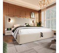 LINKHOO lit rembourré Double,avec Lampe de Lecture et Fonction de Charge USB Type-C, sommier à Lattes en Bois Massif et métal, Lin (sans Matelas),180×200 cm, Beige