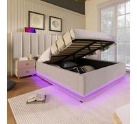 LINKHOO lit rembourré Double, avec LED App Control et Fonction de Charge USB-C, Cadre de lit avec sommier à Lattes, sans Matelas ni Table de Chevet, Lin, 180×200, Beige