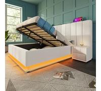 LINKHOO lit rembourré Double, avec LED App Control et Fonction de Charge USB-C, Cadre de lit avec sommier à Lattes, sans Matelas ni Table de Chevet, PU, 160×200, Blanc