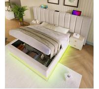 LINKHOO lit rembourré double, avec LED App Control et fonction de charge USB-C, sans matelas ni table de chevet, Lin, 160×200, beige
