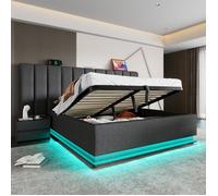 LINKHOO lit rembourré double, avec LED App Control et fonction de charge USB-C, sans matelas ni table de chevet, Lin, 180×200, gris