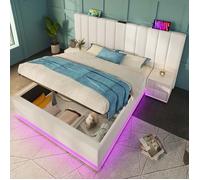 LINKHOO lit rembourré double, avec LED App Control et fonction de charge USB-C, sans matelas ni table de chevet, PU, 160×200, blanc