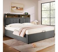 LINKHOO lit rembourré Double, avec Prise USB C Fonction de Charge Tête de lit, Rangement Cadre de lit en Lin, avec sommier à Lattes (sans Matelas), 140x200, Gris