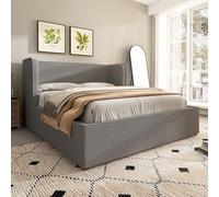 LINKHOO lit rembourré Double, avec Rangement hydraulique, Cadre Noir avec sommier à Lattes, Larges appuie-côtés et Housse en Lin Amovible Grise sans Matelas, 160x200 cm