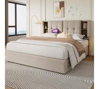 LINKHOO lit rembourré Double, avec Recharge sans Fil USB C, Cadre de lit avec sommier à Lattes de Rangement en Bois et Lin, 180x200 cm, Naturel