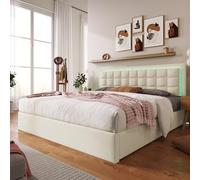LINKHOO lit rembourré Double, avec sommier à Lattes et Espace de Rangement, avec Bande Lumineuse LED, en Similicuir Blanc, 140x200cm