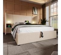 LINKHOO lit rembourré Double,avec Table de Chevet, Lampe de Lecture et Fonction de Charge USB Type-C, sommier à Lattes en Bois Massif et métal, Tissu Velours côtelé (sans Matelas),160×200 cm, Beige