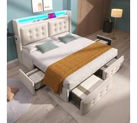 LINKHOO lit rembourré Double, avec tête de lit LED et Fonction de Charge USB C et 4 tiroirs, avec sommier à Lattes en Bois et Cadre en métal, sans Matelas, Coton, 140x200, Beige