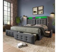 LINKHOO lit rembourré Double, avec tête de lit LED et Fonction de Charge USB C et 4 tiroirs, avec sommier à Lattes en Bois et Cadre en métal, sans Matelas, Coton, 180x200, Gris