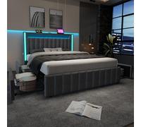 LINKHOO lit rembourré Double, Fonction de Charge USB Type C, eclairage LED et 4 tiroirs, Lits de Rangement Cadre de lit, sommier à Lattes en Bois,sans Matelas, 160x200cm, Gris