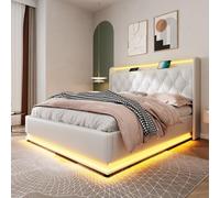 LINKHOO lit rembourré double, fonction LED surround 360, bouton-poussoir/application/télécommande,140*200 cm, matériau PU blanc Lit de camp hydraulique,avec fonction de charge USB Type-C(sans matelas)