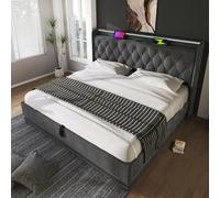 LINKHOO lit rembourré Double, Fonction LED Surround 360, Bouton-Poussoir/Application/télécommande, 180 * 200 cm, Gris, avec Rangement hydraulique et Fonction de Charge USB Type-C(sans Matelas)