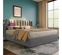 LINKHOO lit rembourré Double, Lampe de Lecture avec tête de lit de Charge, Cadre de lit de Rangement, avec sommier à Lattes, en Velours(sans Matelas), 160x200 cm, Gris