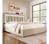 LINKHOO lit rembourré Double LED avec USB Type-C, Fonction de Charge et éclairage LED Lits de Rangement, Cadre de lit en Lin, 160x200 avec sommier à Lattes (sans Matelas), Beige