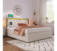 LINKHOO lit rembourré Double LED, boîte de Rangement avec Fonction de Charge USB Type C, pour Jeunes,avec sommier à Lattes, en Coton (sans Matelas), 160x200, Beige
