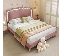 LINKHOO lit rembourré Double LED, Cadre de lit avec sommier à Lattes et tête de lit réglable, pour Jeune et Chambre d’Amis, Velours, 140 x 200 cm,Rose