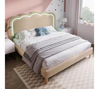 LINKHOO lit rembourré Double LED, Cadre de lit avec sommier à Lattes et tête de lit réglable, pour Jeune et Chambre d’Amis, matériau en Lin, 140 x 200 cm, Beige