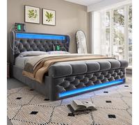LINKHOO lit rembourré Double, lit de Rangement hydraulique, avec lumières LED avec Ports USB et Type-C, Velours. sans Matelas, 160x200cm, Gris