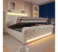 LINKHOO lit rembourré Double, lit de Rangement hydraulique, avec lumières LED avec Ports USB et Type-C, Velours. sans Matelas, 160x200cm, Beige