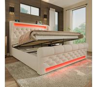 LINKHOO lit rembourré Double, lit de Rangement hydraulique, avec lumières LED avec Ports USB et Type-C, Velours. sans Matelas, 140x200cm, Beige
