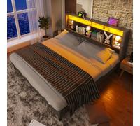 LINKHOO lit rembourré Double, tête de lit de Rangement avec Chargement, éclairage USB et LED, Cadre de lit, Cadre à Lattes en Bois(sans Matelas), 140 * 200CM, Gris