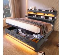 LINKHOO lit rembourré Double, tête de lit de Rangement avec Port USB et de Type C, Fonction LED Surround 360 Autour de la tête et du Pied de l’extrémité de la, sans Matelas, 140x200 cm, Gris