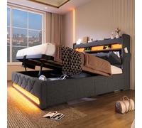 LINKHOO lit rembourré Double, tête de lit de Rangement avec Port USB et de Type C, Fonction LED Surround 360 Autour de la tête et du Pied de l’extrémité de la, sans Matelas, 160x200 cm, Gris