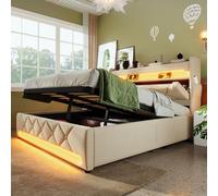 LINKHOO lit rembourré Double, tête de lit de Rangement avec Port USB et de Type C, Fonction LED Surround 360 Autour de la tête et du Pied de l’extrémité de la, sans Matelas, 180x200 cm, Beige