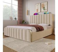 LINKHOO lit rembourré Double, tête de lit rembourrée avec Bandes décoratives dorées et Fonction de Charge USB Type-C, avec 4 tiroirs, sans Matelas, Lin, 160 * 200 cm, Beige