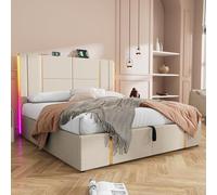 LINKHOO lit rembourré, Fonction de Charge USB Type C, LED APP-Control, lit Double, Lits de Rangement 180×200 Cadre de lit, sommier à Lattes en Bois, Lin Beige (sans Matelas)