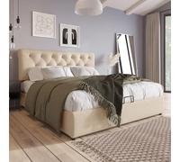 LINKHOO Lit rembourré hydraulique Double, tête de lit réglable, avec Cadre en métal à Lattes, avec Espace de Rangement(sans Matelas), 140x200 cm, Naturel