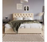 LINKHOO Lit rembourré hydraulique double, tête de lit réglable, avec espace de rangement(sans matelas), 160x200 cm, naturel