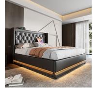 LINKHOO lit rembourré Lit double 160 * 200 cm, Lit de rangement hydraulique en matériau PU noir,(sans matelas)