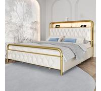 LINKHOO lit rembourré Lit Double avec Chargement USB Type C, Fonction de Charge APP-Control, Cadre de lit LED, lit en métal 140×200 cm, Cadre de lit et 4 tiroirs, Velours (sans Matelas)