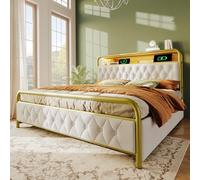 LINKHOO lit rembourré Lit Double avec Chargement USB Type C, Fonction de Charge APP-Control, Cadre de lit LED, lit en métal 160×200 cm, Cadre de lit et 4 tiroirs, Velours (sans Matelas)