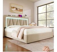 LINKHOO lit rembourré Lit double LED avec USB Type-C,cadre de lit en lin, 160x200 avec sommier à lattes (sans matelas),beige