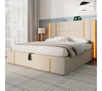 LINKHOO lit rembourré Lit Double USB Type C Fonction de Charge APP-Control LED 140×200 Lits de Rangement Cadre de lit, sommier à Lattes en Bois, Lin Beige (sans Matelas)