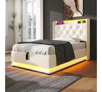 LINKHOO lit rembourré Lit Simple, Fonction LED Surround 360, 90 * 200 cm, lit à Rangement hydraulique en matériau PU Blanc, tête de lit rembourrée avec Fonction de Charge USB Type-C (sans Matelas)