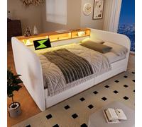 LINKHOO lit rembourré méridienne, avec Chargement LED et USB-C, avec 2 tiroirs et tête de lit de Rangement, Lin, sans Matelas, 140x190 cm, Beige Clair