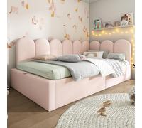 LINKHOO lit rembourré, méridienne canapé-lit avec Rangement hydraulique, pour Enfants avec sommier à Lattes métalliques, en Velours, sans Matelas, 90x190 cm, Rose