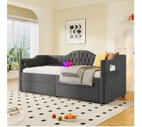 LINKHOO lit rembourré méridienne,canapé-lit de rangement avec chargement USB Type C et 2 tiroirs,sans matelas,en lin,90x200cm,gris